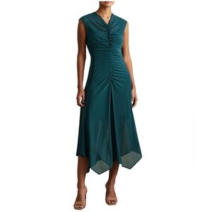 Reiss Teal Ruched Midi Dress. Size 8